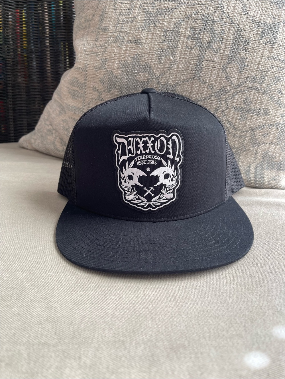 DIXXON Black Patch Trucker Hat with White Skull Logo NWOT